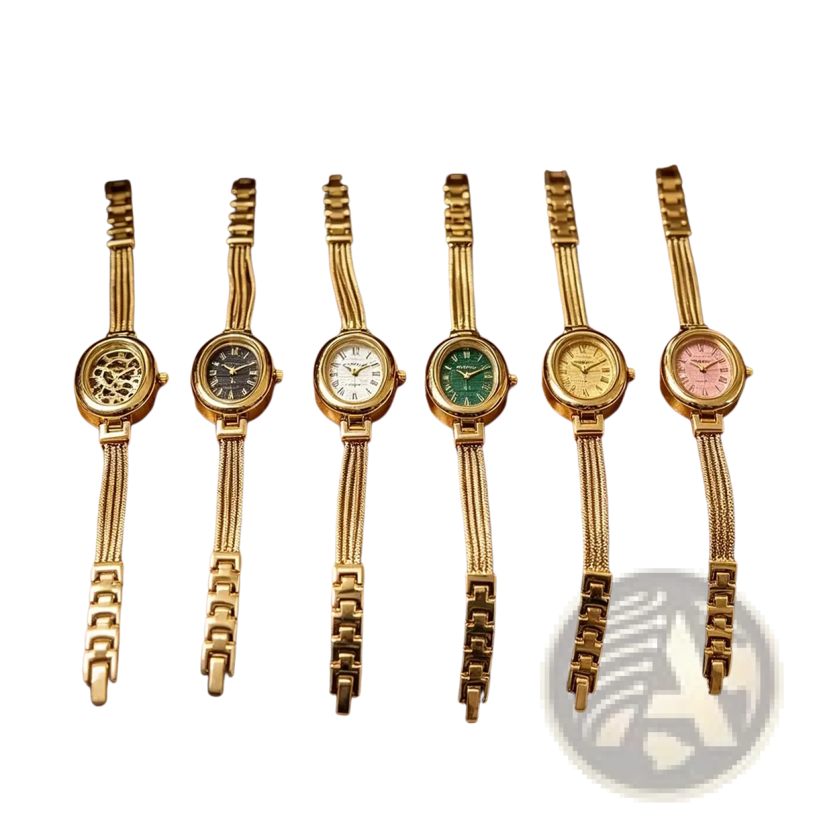 Oval green dial quartz women watch with six elegant gold-toned linked bracelet wristwatches featuring varied dials
