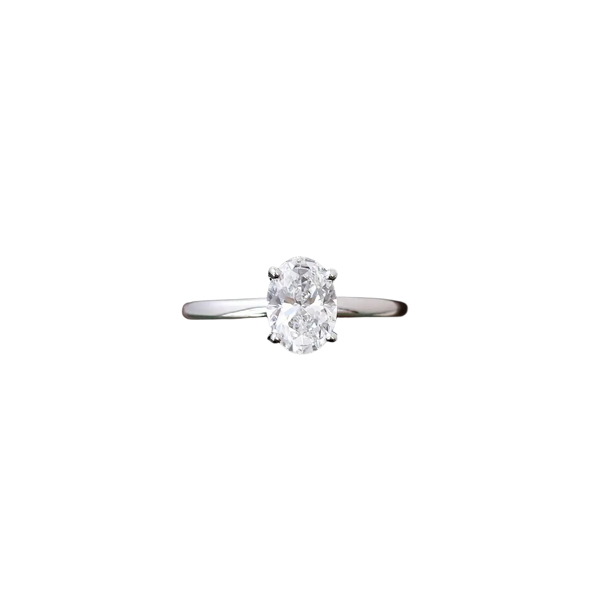 A sleek silver band ring with a prominent oval-cut diamond held by four prongs in an oval lab diamond bridal set gold