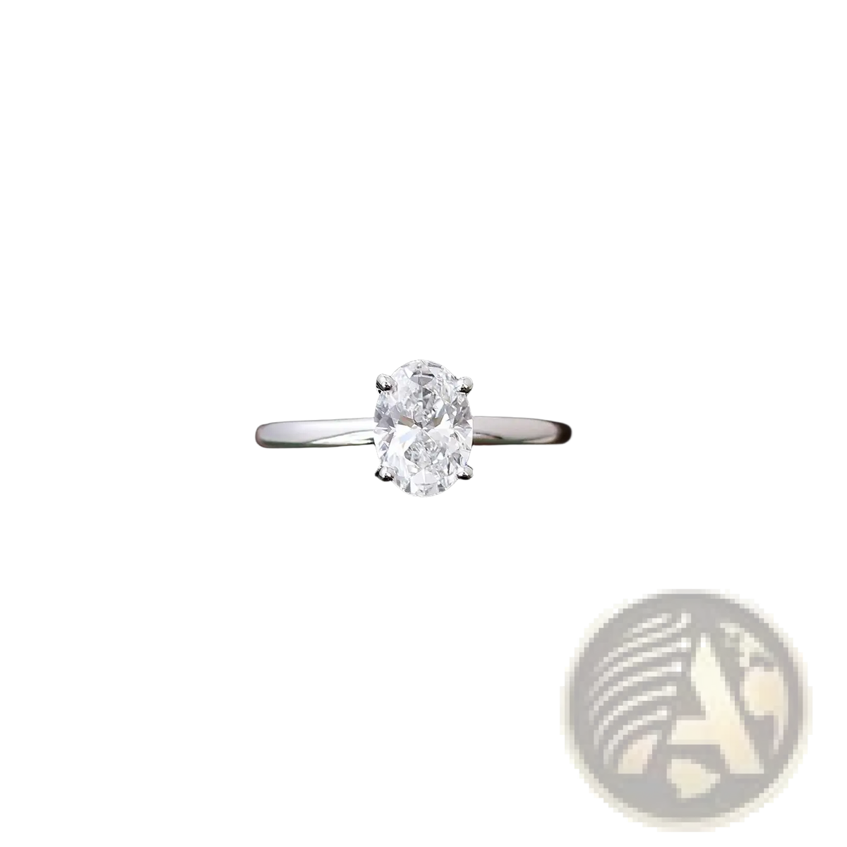 A sleek silver band ring with a prominent oval-cut diamond held by four prongs in an oval lab diamond bridal set gold