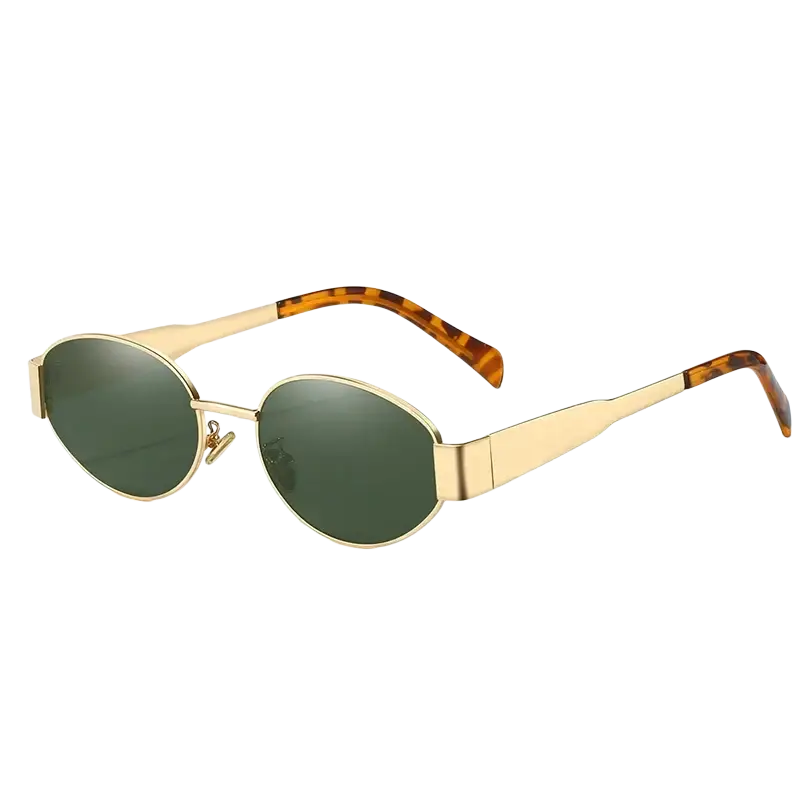 Oval sunglasses for women and men with gold-rimmed frame green mirrored lenses and tortoiseshell temple tips