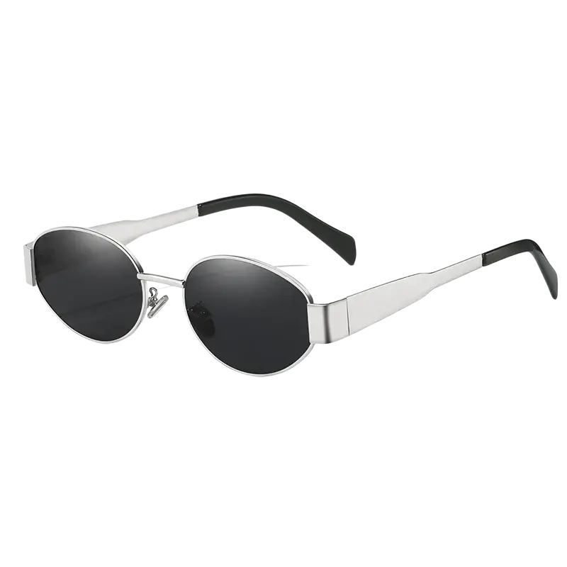 Oval sunglasses for women and men with silver oval frames black lenses and black-tipped arms
