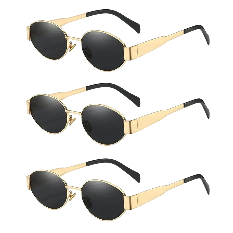 Oval sunglasses for women and men with gold-toned metal frame black lenses and black temple tips