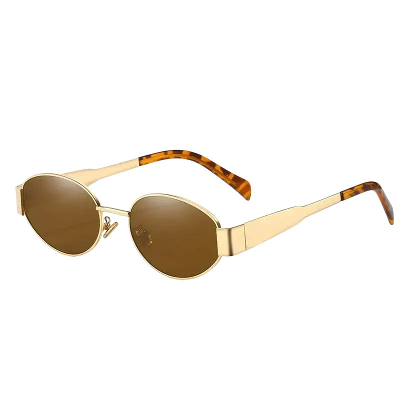 Oval sunglasses for women and men with gold-toned frames, brown mirrored lenses, and tortoiseshell temple tips