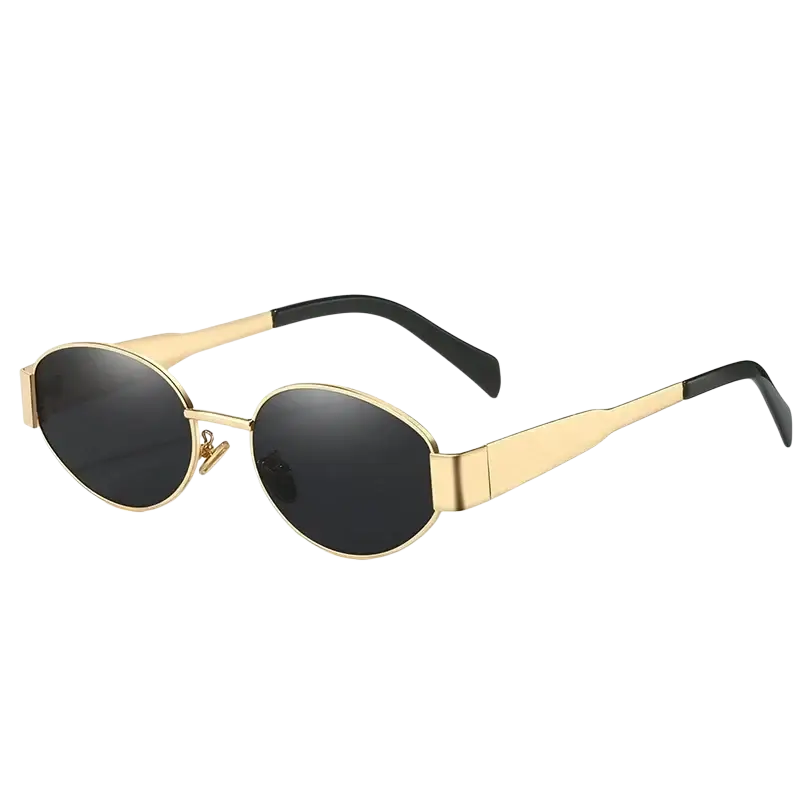 Oval sunglasses for women and men with gold-toned frame, black oval lenses, and black temple tips
