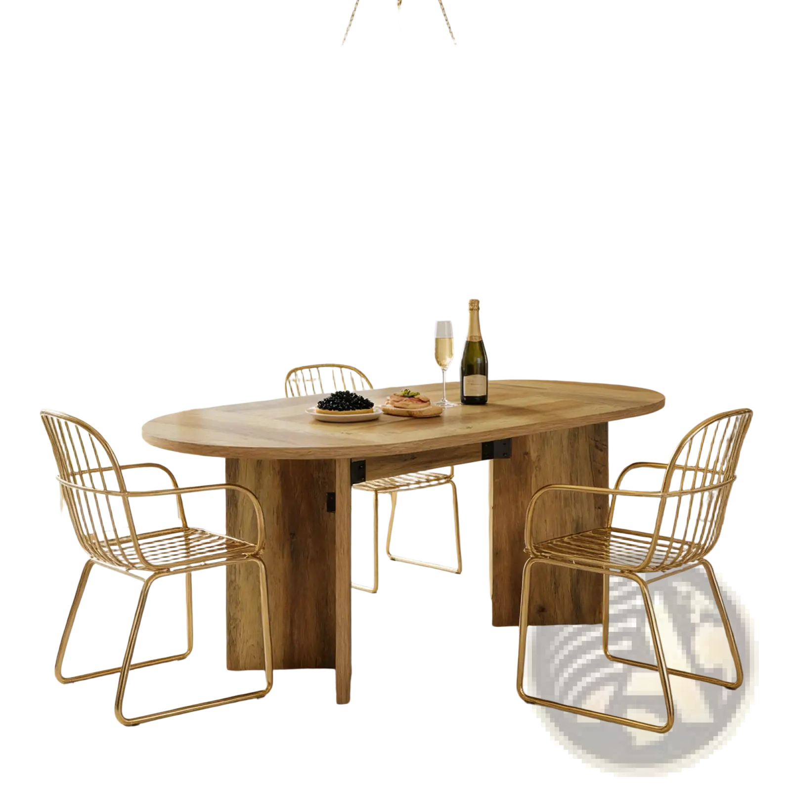 Golden wireframe dining chairs with modern minimalist design paired with oval wooden dining table 63 inch rustic pedestal base