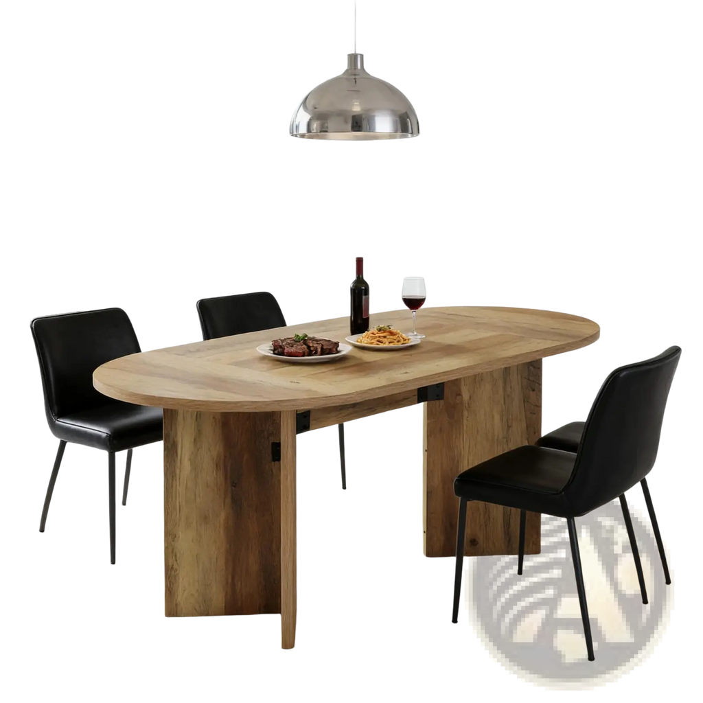 Light brown oval wooden dining table with sturdy rectangular legs and modern design for rustic dining spaces