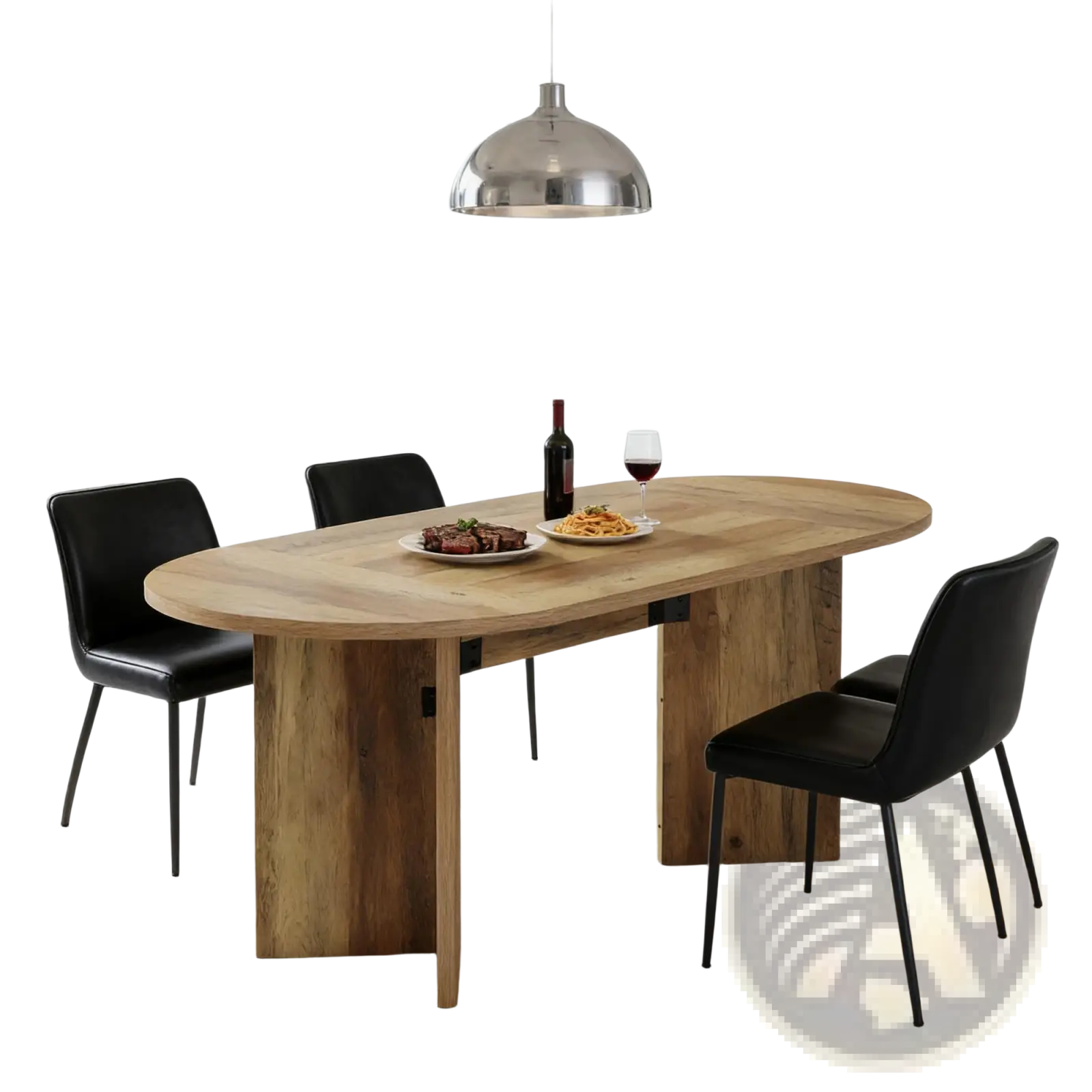 Light brown oval wooden dining table with sturdy rectangular legs and modern design for rustic dining spaces
