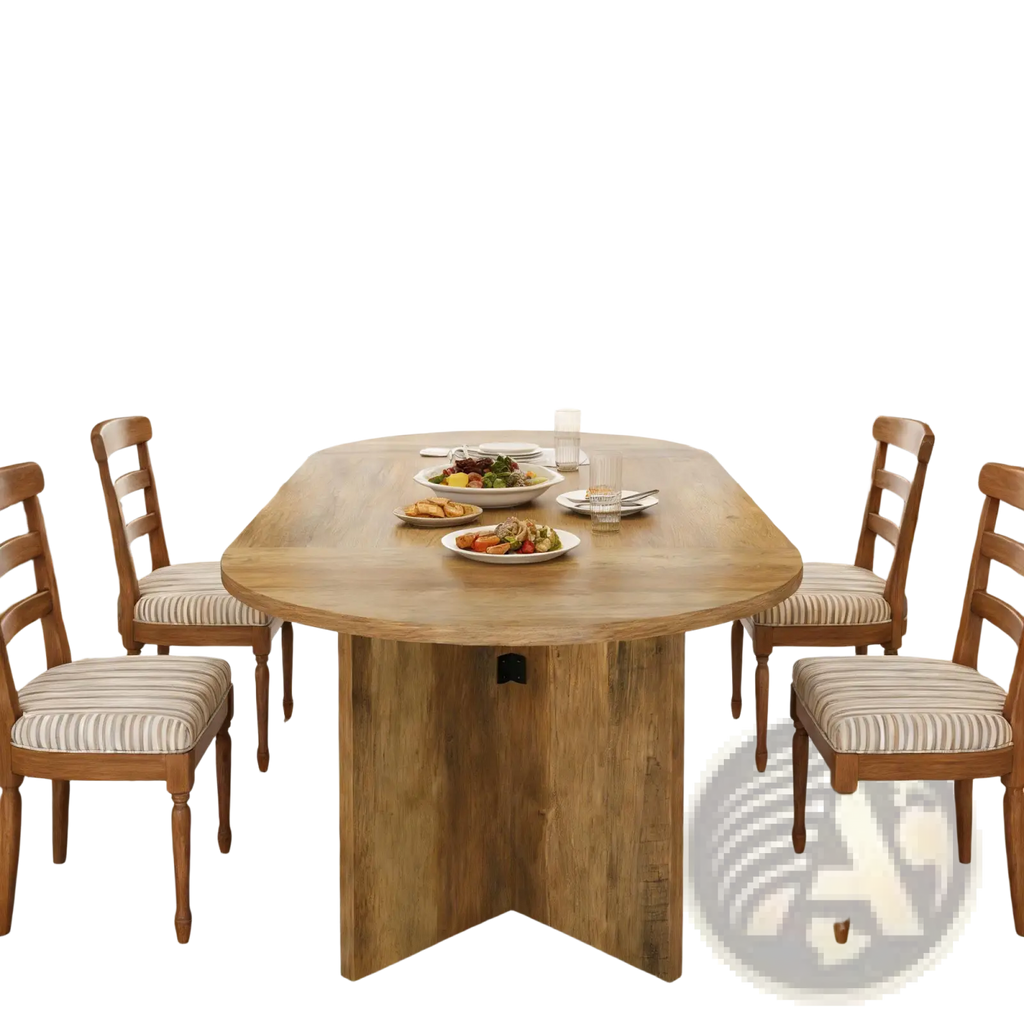 Light brown wooden oval dining table with a 63 inch rustic pedestal base and rounded edges for dining use