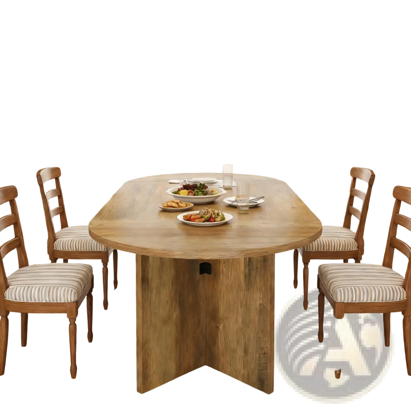 Light brown wooden oval dining table with a 63 inch rustic pedestal base and rounded edges for dining use