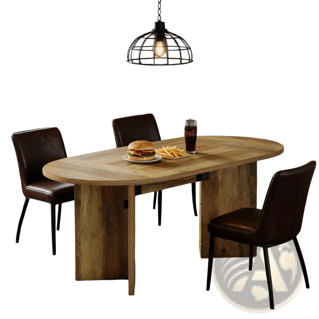 Rustic oval wooden dining table with thick natural wood legs and a smooth light brown finish for dining use