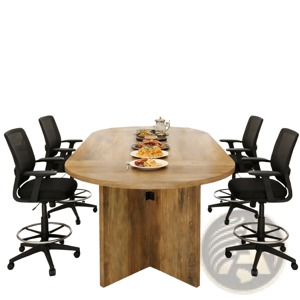 Light brown wooden oval dining table 63 inch with rustic pedestal base and four black ergonomic office chairs around it