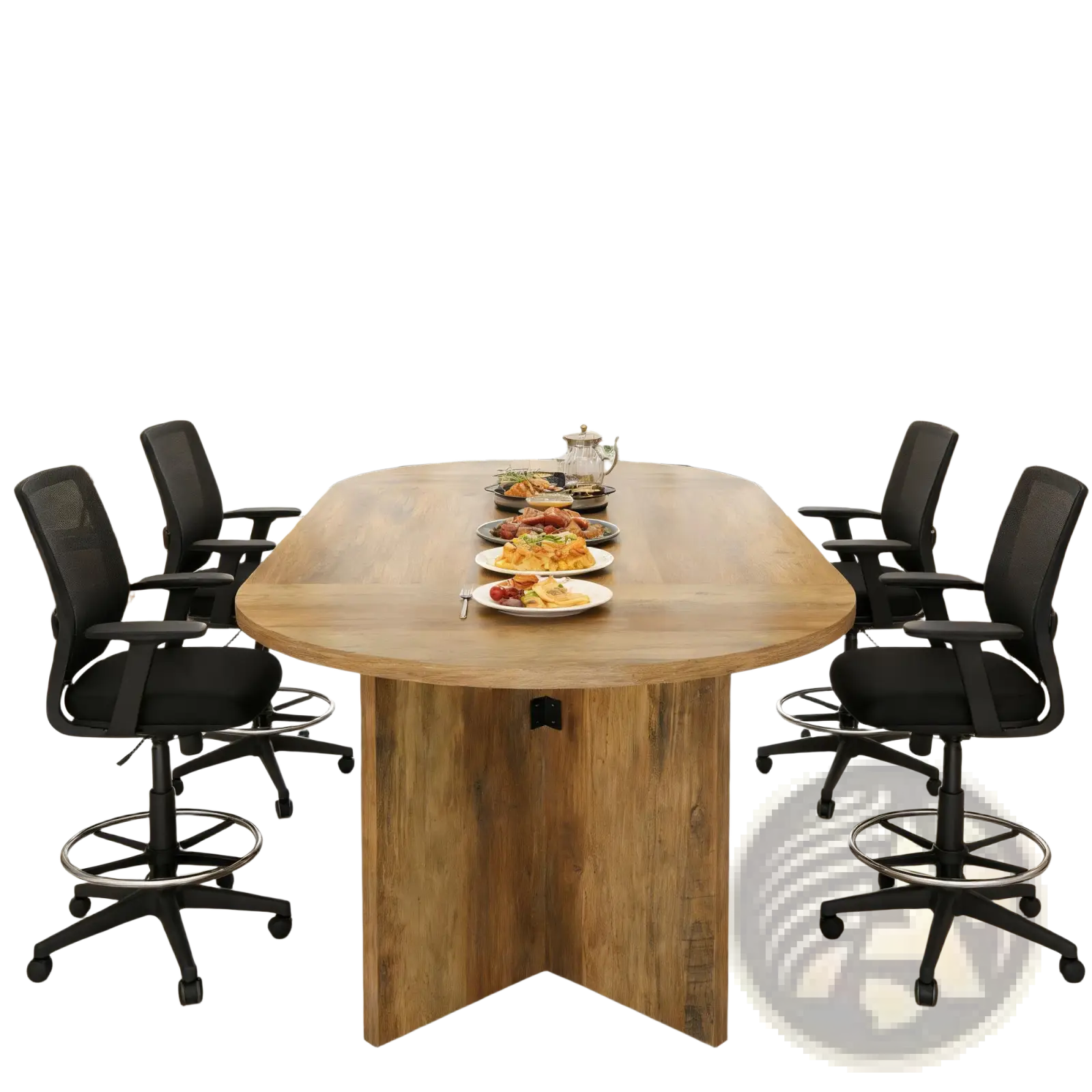 Light brown wooden oval dining table 63 inch with rustic pedestal base and four black ergonomic office chairs around it