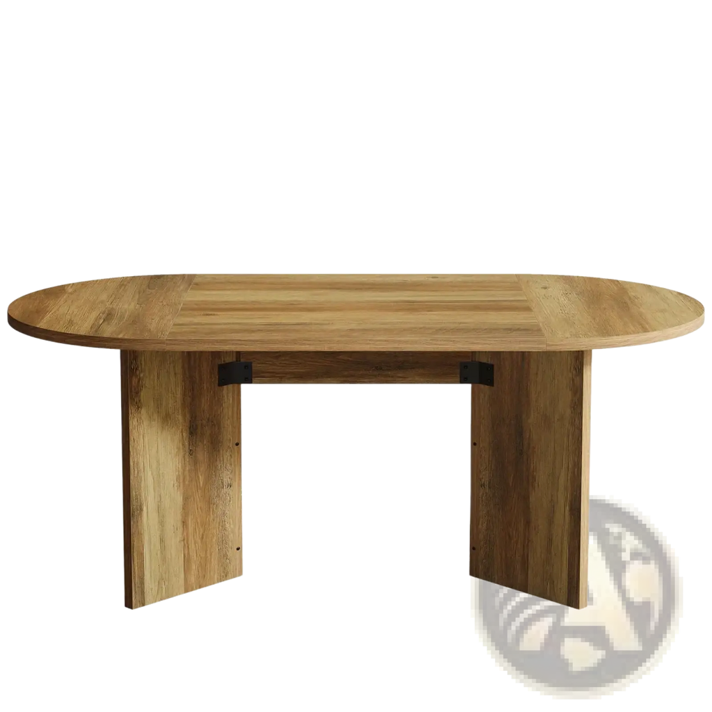 Oval wooden dining table 63 inch rustic pedestal base with light wood finish and sturdy thick legs connected by black metal hardware