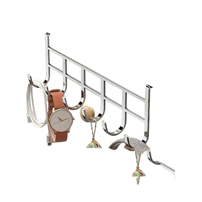 Picture shows a polished metal over the door 6-hook storage rack holding a watch phone charger and jewelry