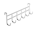 Picture shows a silver polished metal over the door 6-hook storage rack with five evenly spaced hooks