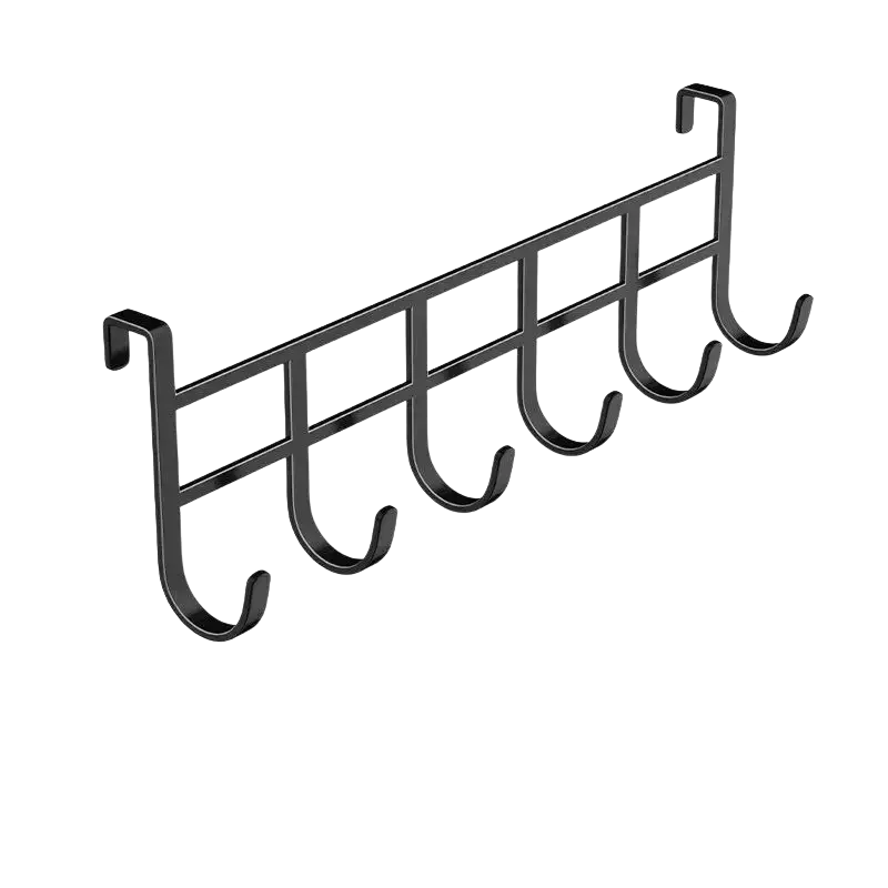 Black metal over the door 6-hook storage rack with five evenly spaced hooks for small items organization
