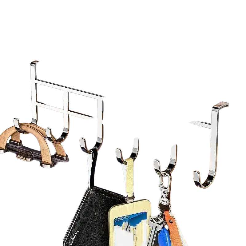 Chrome finished metal over the door 6-hook storage rack holding bags and keys for organizing small items