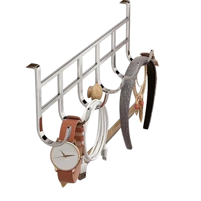 Silver metal over the door 6-hook storage rack for small items holding a watch charging cable and headbands