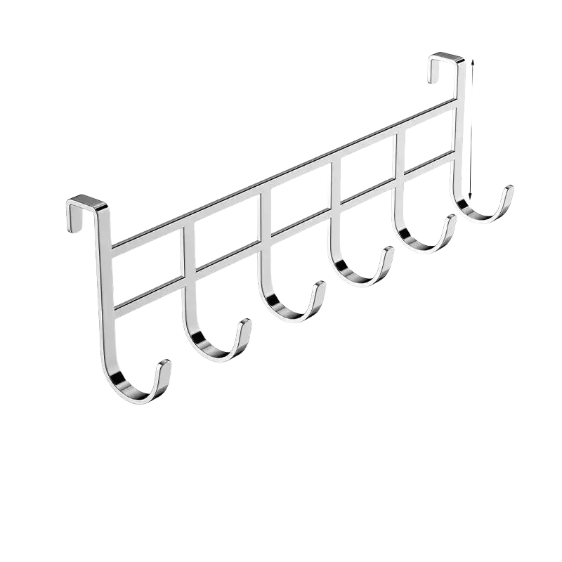 Silver metallic over the door 6-hook storage rack with five hooks for organizing small items efficiently