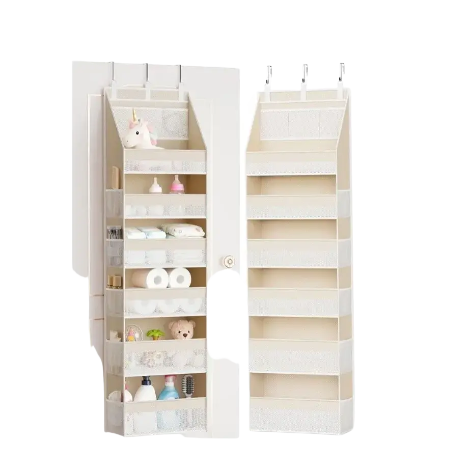 Beige over the door hanging storage organizer featuring six fabric pockets with mesh and solid compartments