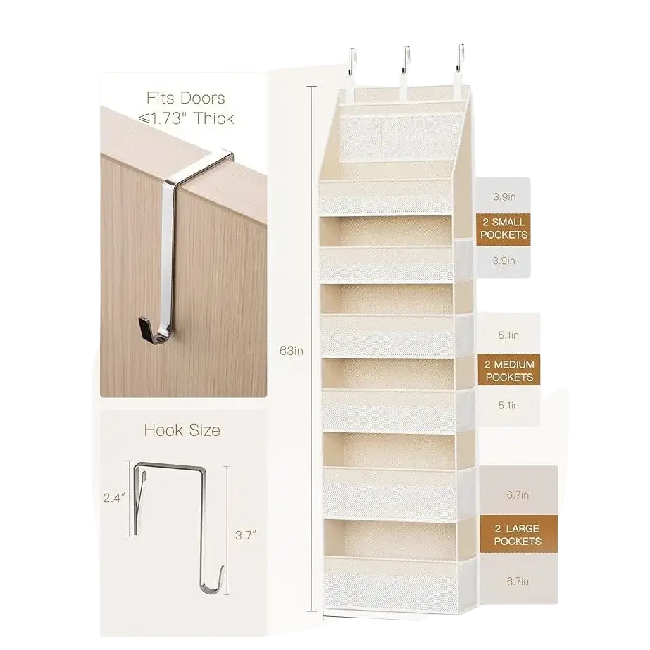 Beige fabric over the door hanging storage organizer with six pockets and a metal hook for easy installation