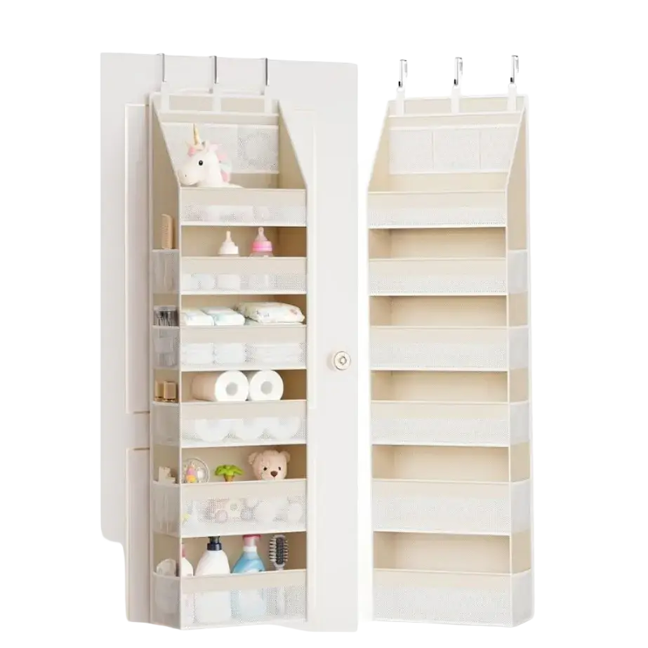 Beige over the door hanging storage organizer made of fabric with six pockets and mesh compartments for efficient storage