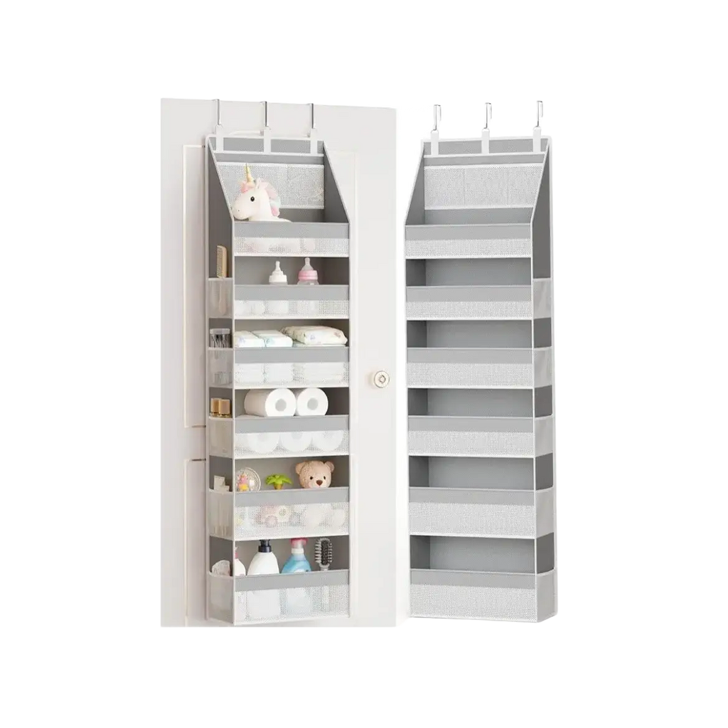 Gray over the door hanging storage organizer with six fabric pockets and mesh compartments for toiletries and small items