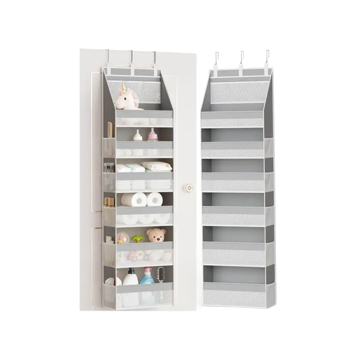 Gray over the door hanging storage organizer with six fabric pockets and mesh compartments for toiletries and small items
