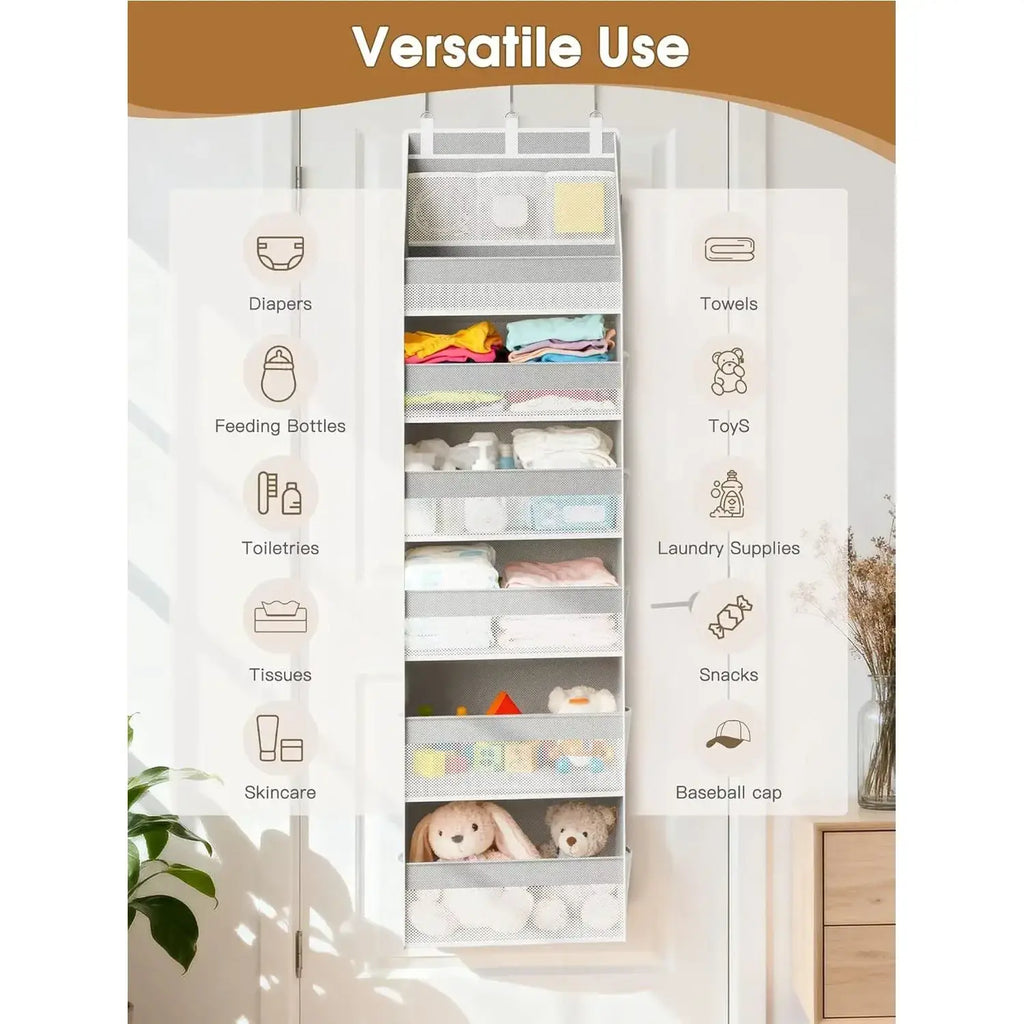 Gray mesh fabric over the door hanging storage organizer with six pockets for diapers towels toys and household items