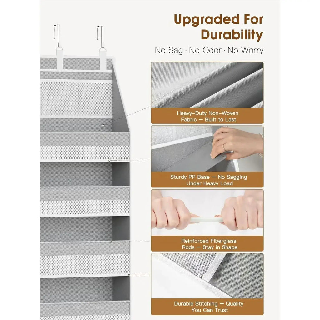 Gray over the door hanging storage organizer with six fabric pockets mesh body plastic base and fiberglass rods