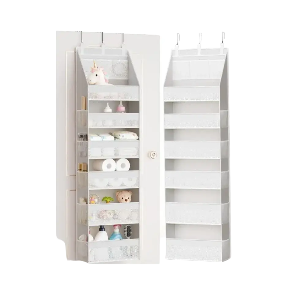 White over the door hanging storage organizer with 6 fabric pockets and transparent compartments for baby items