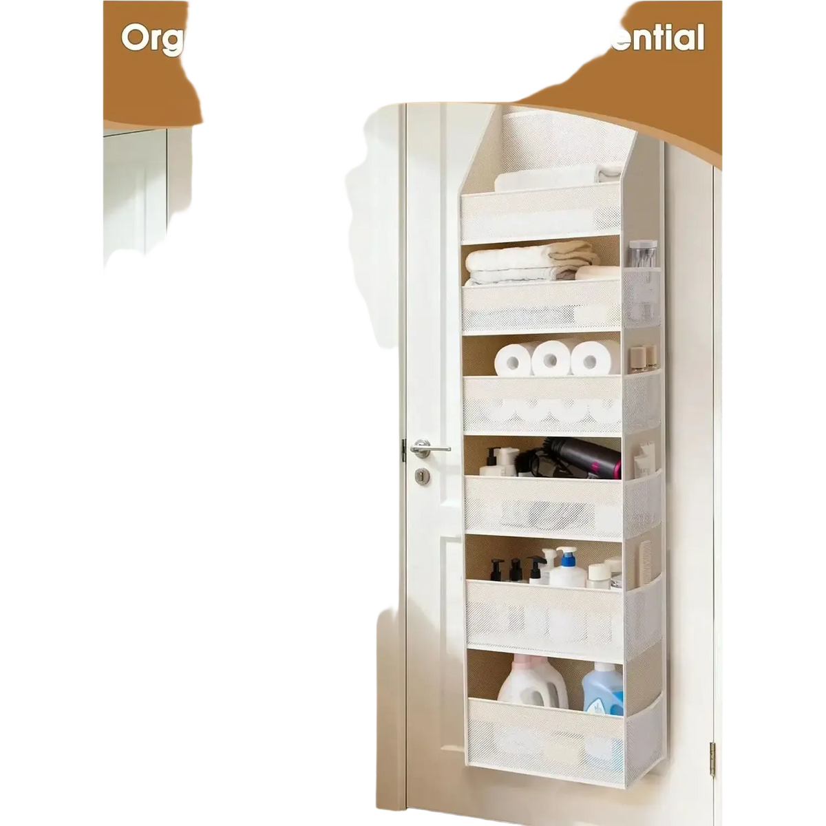 White mesh over the door hanging storage organizer with six fabric pockets for bathroom essentials