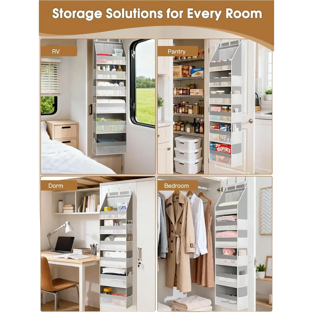 White multi-tiered fabric over the door hanging storage organizer with six clear and opaque pockets for organizing
