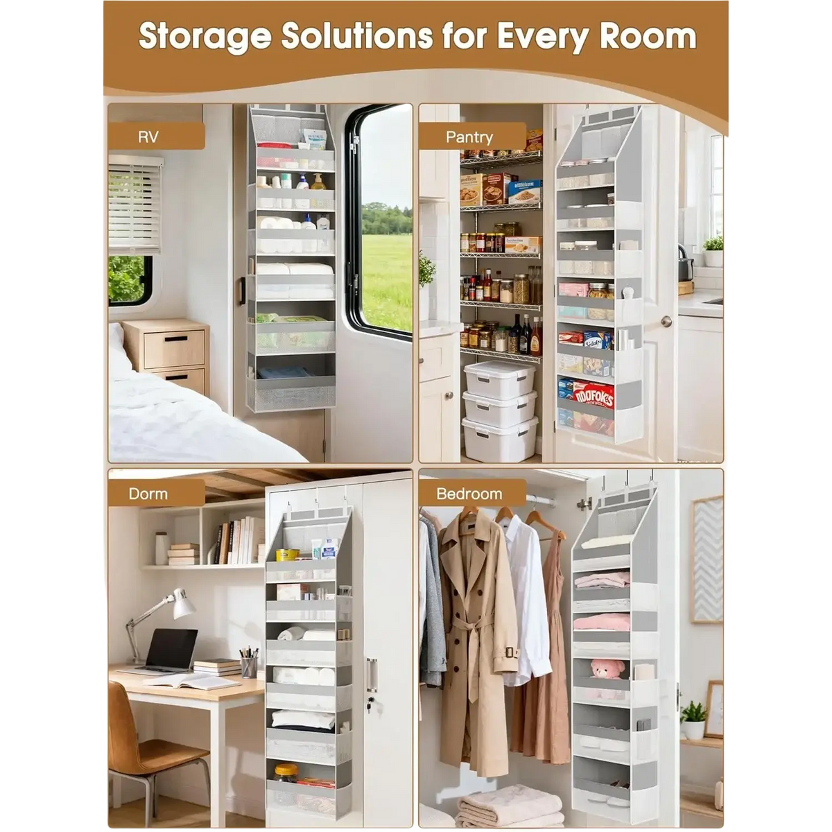 White multi-tiered fabric over the door hanging storage organizer with six clear and opaque pockets for organizing