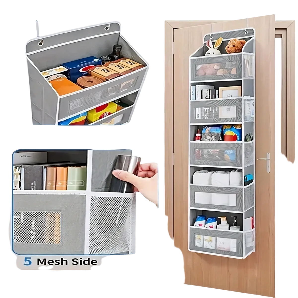 Gray over the door hanging storage organizer with five large window pockets and five mesh side pockets