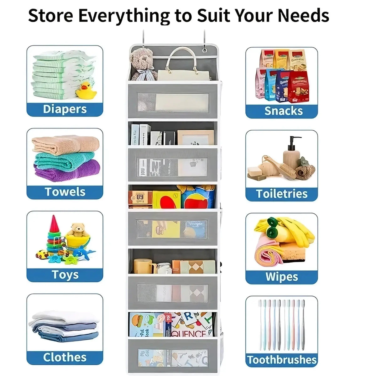 Gray fabric over the door hanging storage organizer with multiple transparent front compartments for easy visibility