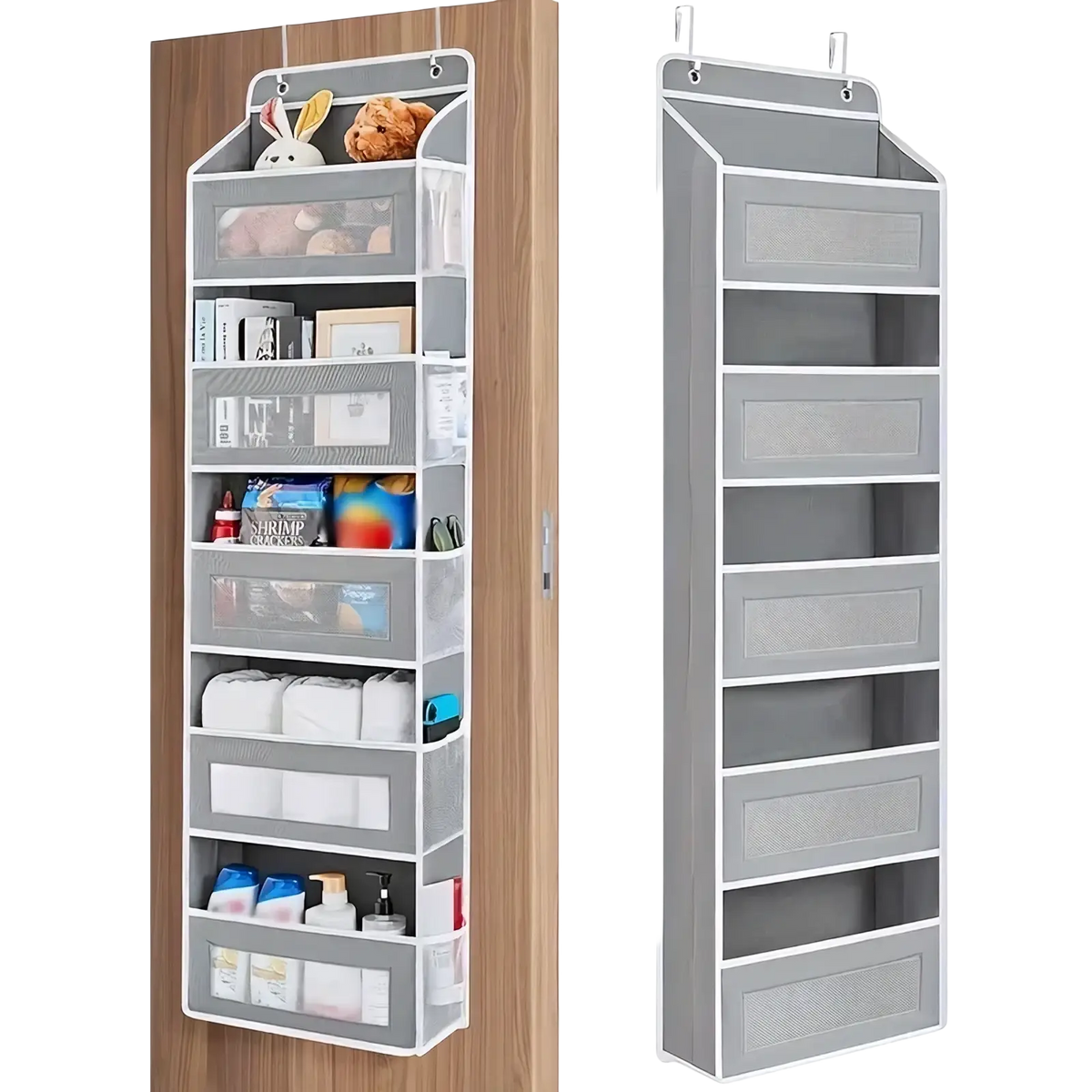 Gray fabric over the door hanging storage organizer with multiple clear and solid mesh pockets for efficient organization