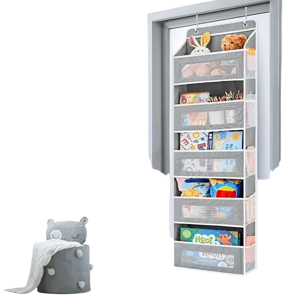 Gray mesh over the door hanging storage organizer with transparent pockets holding toys books and other items