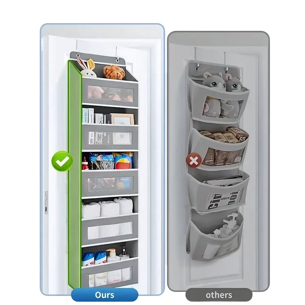 Green and gray over the door hanging storage organizer with multiple compartments for toiletries snacks and small items