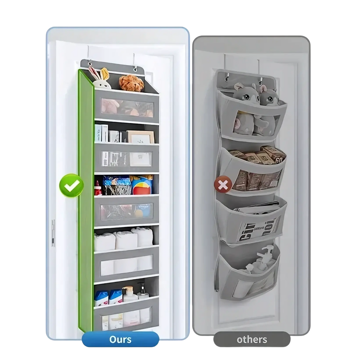 Green and gray over the door hanging storage organizer with multiple compartments for toiletries snacks and small items