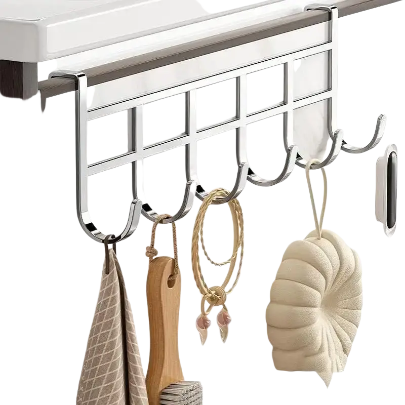 Chrome metal over-the-door hook rack with six all-metal hooks holding bathroom items for organized storage