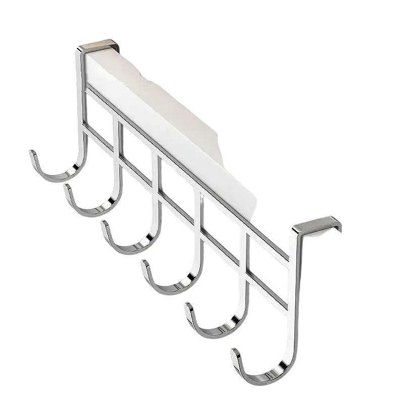 Silver metal over-the-door hook rack with five evenly spaced all-metal hooks for organized hanging