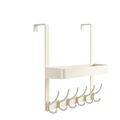 White metal over door organizer with rectangular shelf and five curved hooks for hanging items