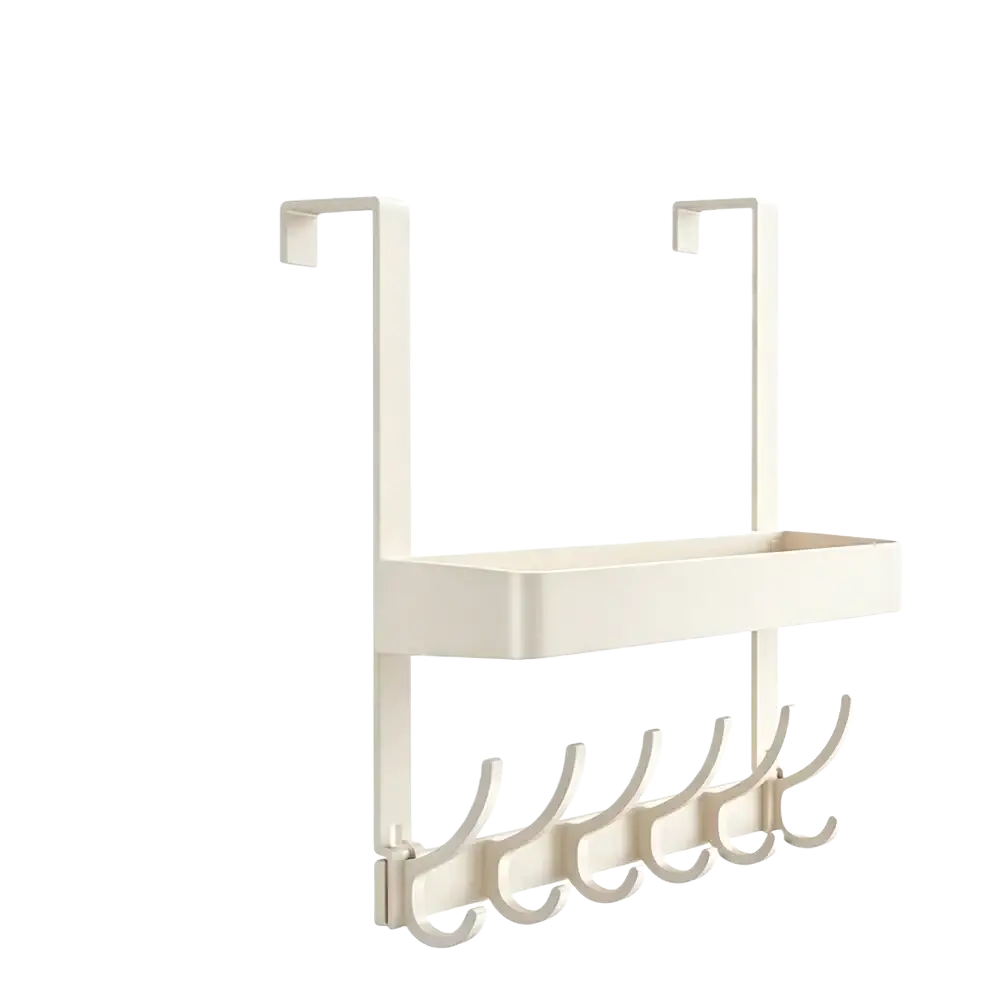 White metal over door organizer with rectangular shelf and five curved hooks for hanging items