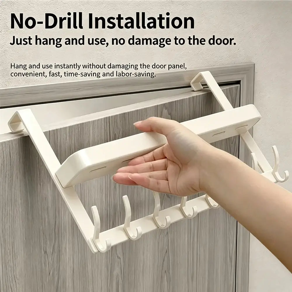 White plastic over door organizer with shelf and multiple hooks for convenient hanging and storage