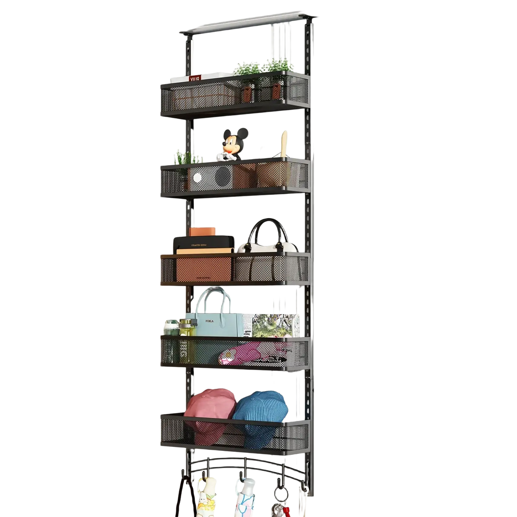 Black mesh over the door organizer with five shelves and hooks for hanging, white iron hanging rack shown