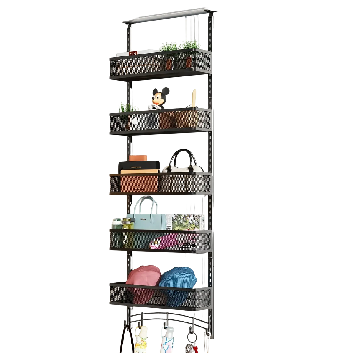 Black mesh over the door organizer with five shelves and hooks for hanging, white iron hanging rack shown