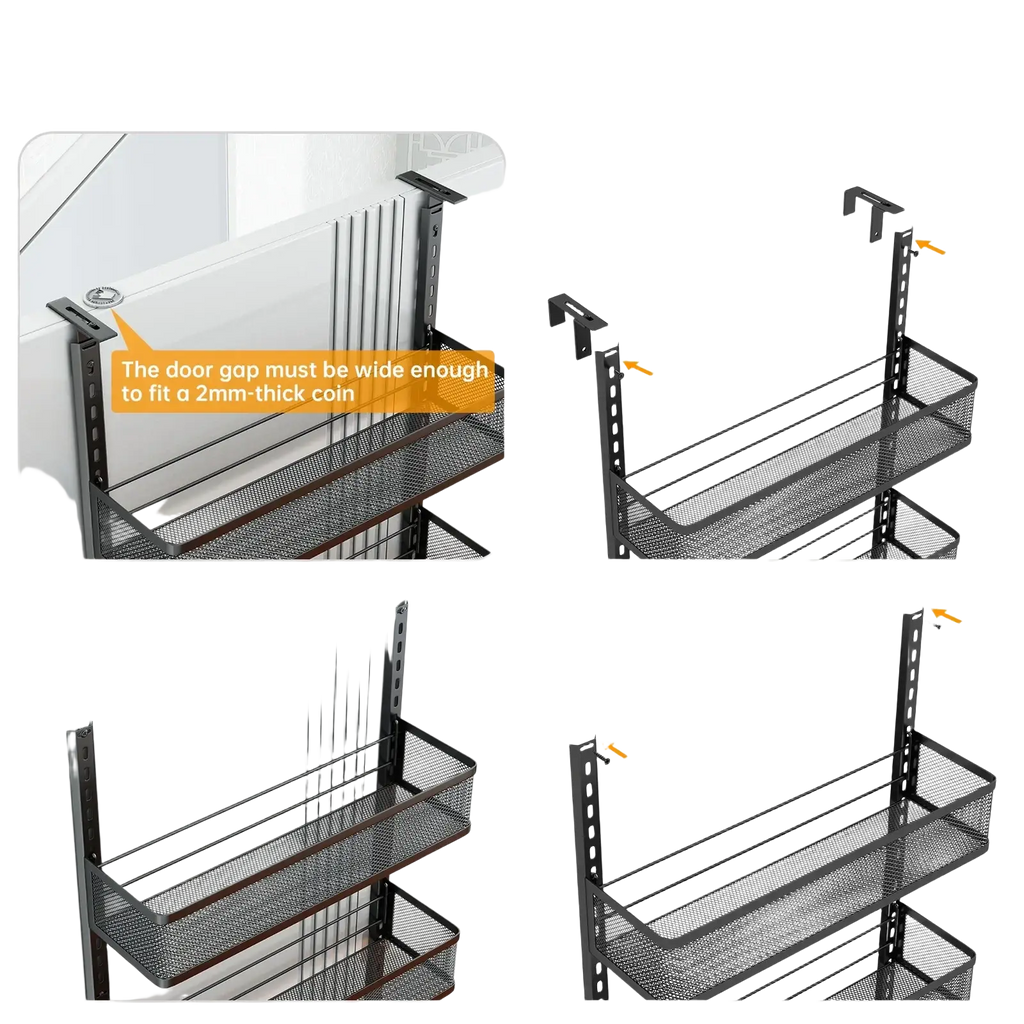 Black mesh two-tier over-the-door storage rack with adjustable brackets for organizing white iron hanging items