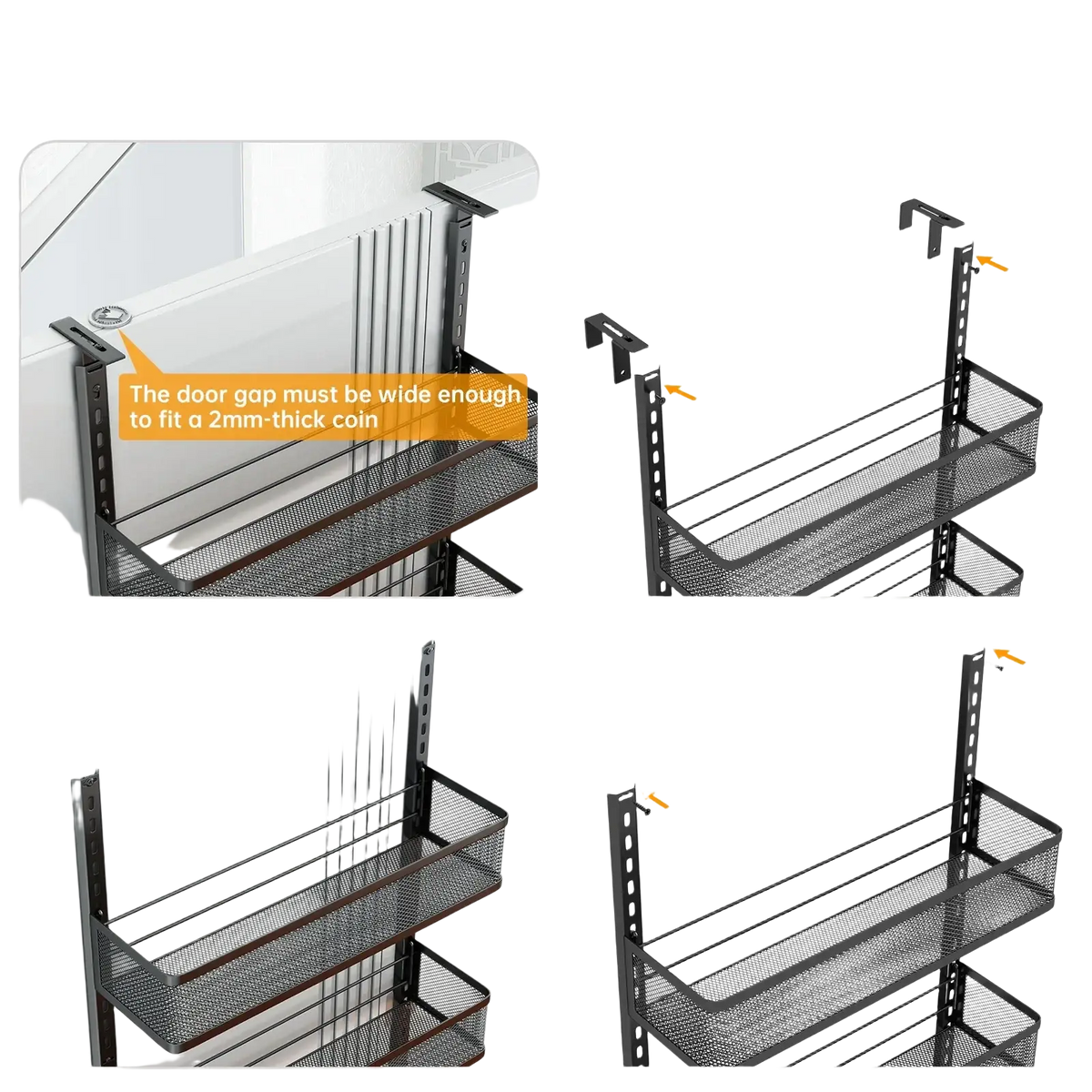 Black mesh two-tier over-the-door storage rack with adjustable brackets for organizing white iron hanging items