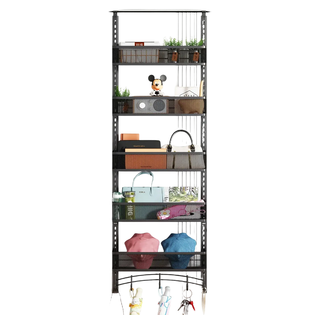 Black metal mesh over the door organizer with adjustable spacing and multiple shelves holding various items
